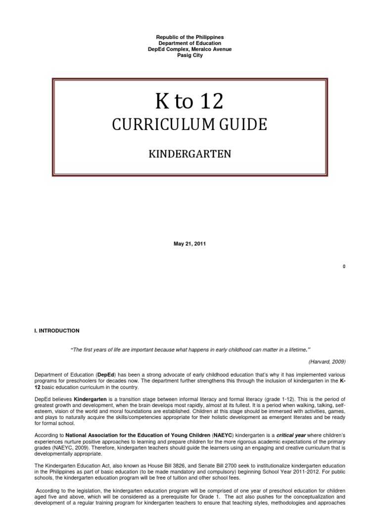 K 12 KINDERGARTEN CURRICULUM GUIDE intelligence overview