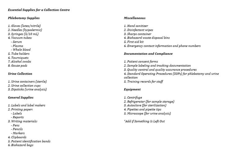 Essential Supplies For A Collection Centre | PDF | Science & Mathematics