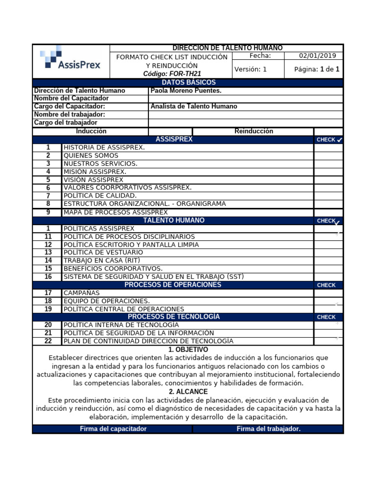 Formato Check List Induccion TH 1 | PDF