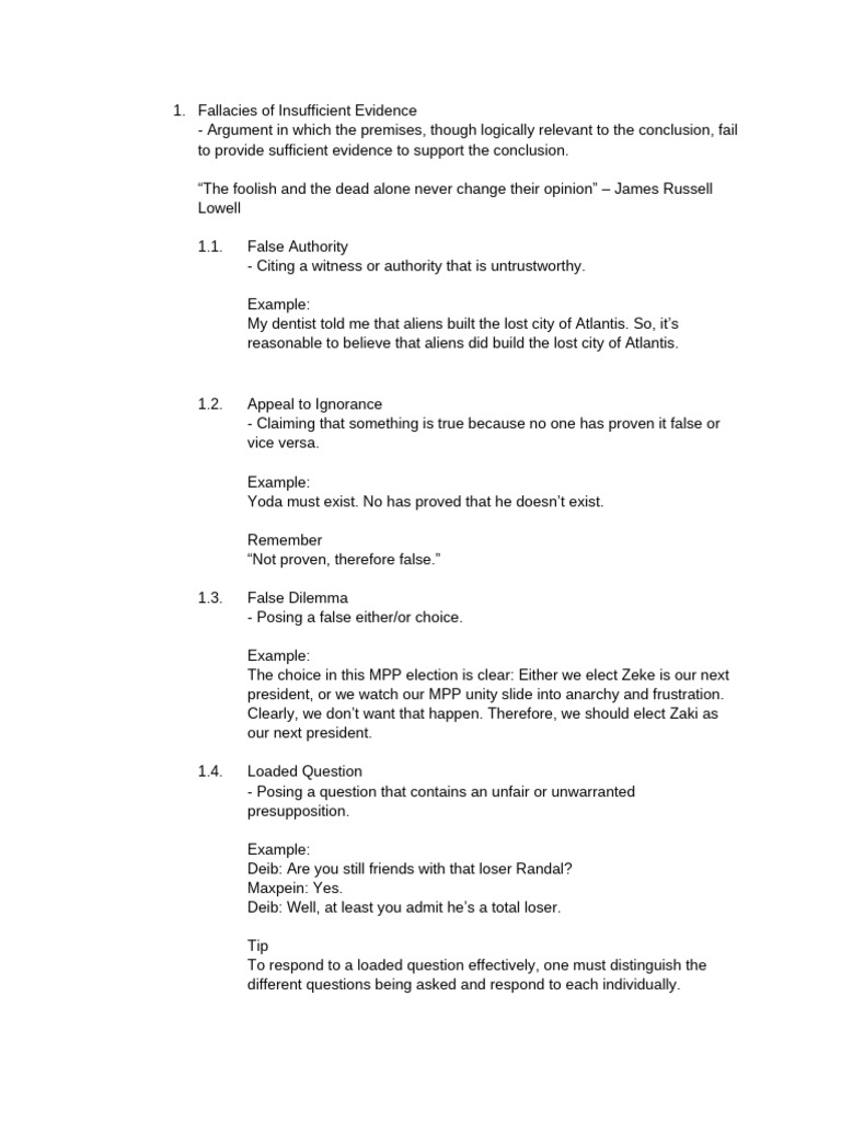 Fallacies of Insufficient Evidence | PDF | Fallacy | Logic