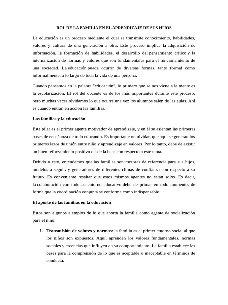 Rol de La Familia en El Aprendizaje de | PDF | Socialización | Las ...