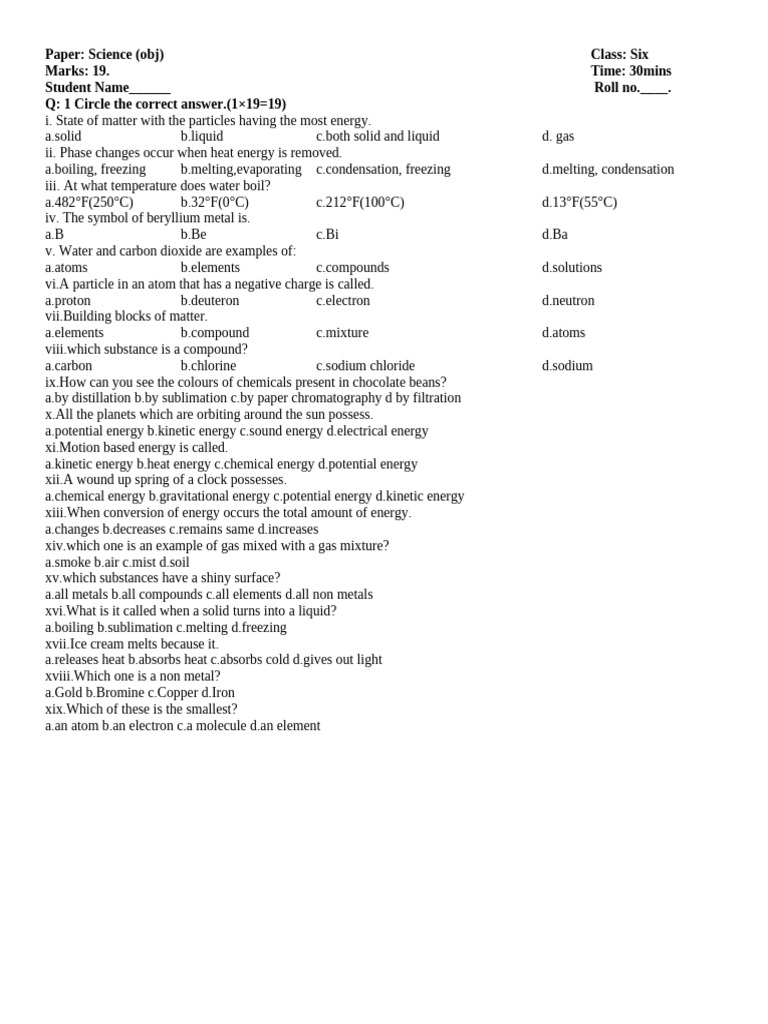 Paper science obj class six marks 19 time 30mins student name