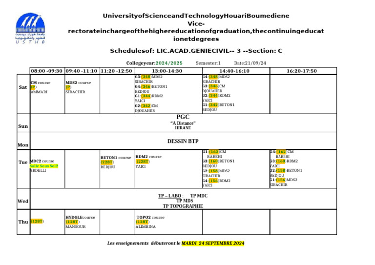 Emploi du temps USTHB 2024-2025 | PDF