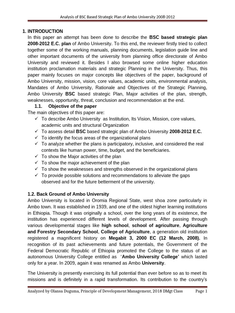 Ambo University Strategic Plan Overview | PDF | Swot Analysis ...