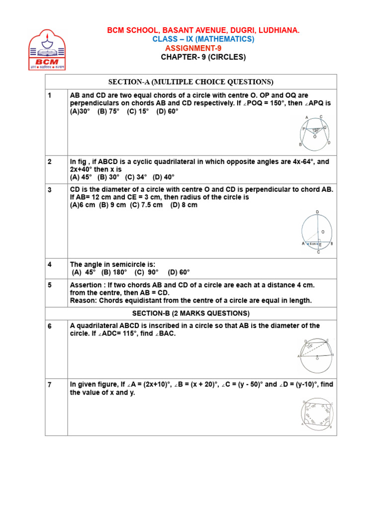 Class Ix Assignment (CH - 9) | PDF | Circle | Perpendicular