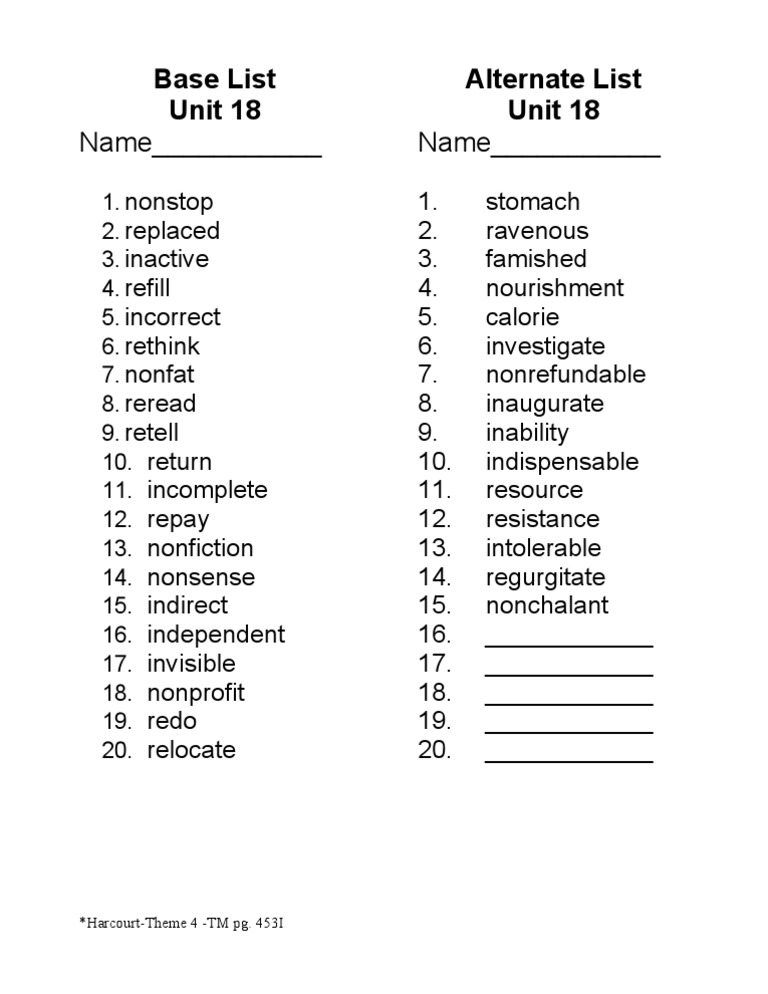 Name - Name - : Base List Unit 18 Alternate List Unit 18 | PDF