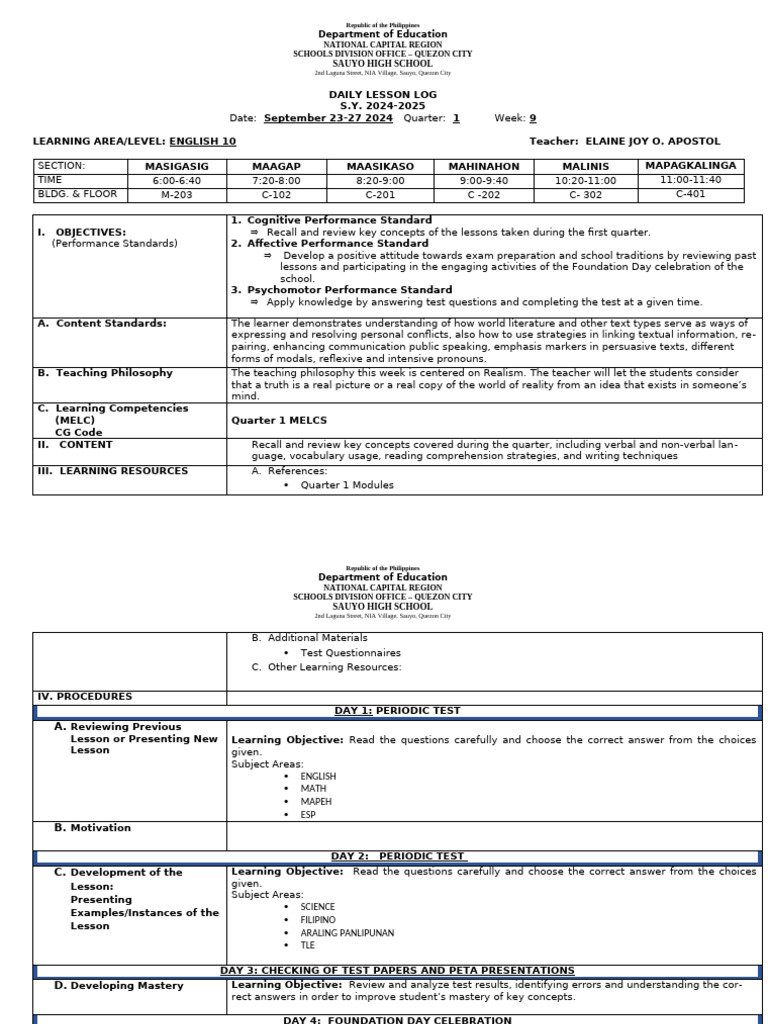 English 10 Lesson Plan Week 9 | PDF | Learning | Communication