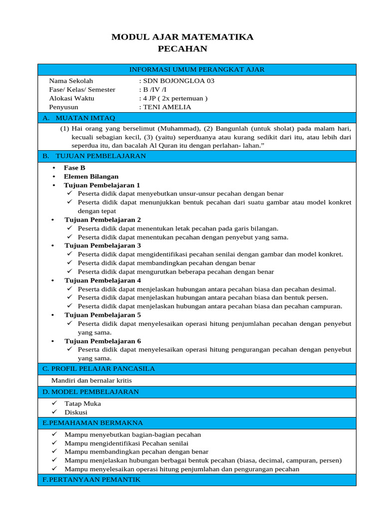 Modul Ajar Pecahan Kelas 4 SD | PDF