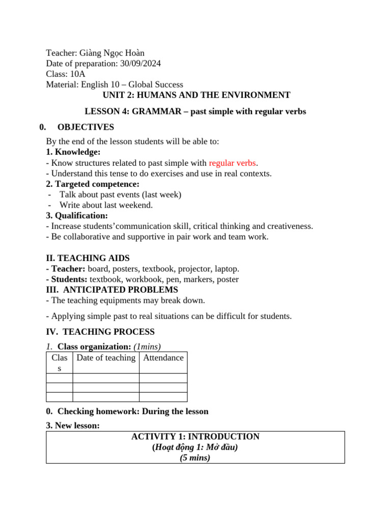 Past Simple Grammar Lesson Plan | PDF | Learning | Linguistics