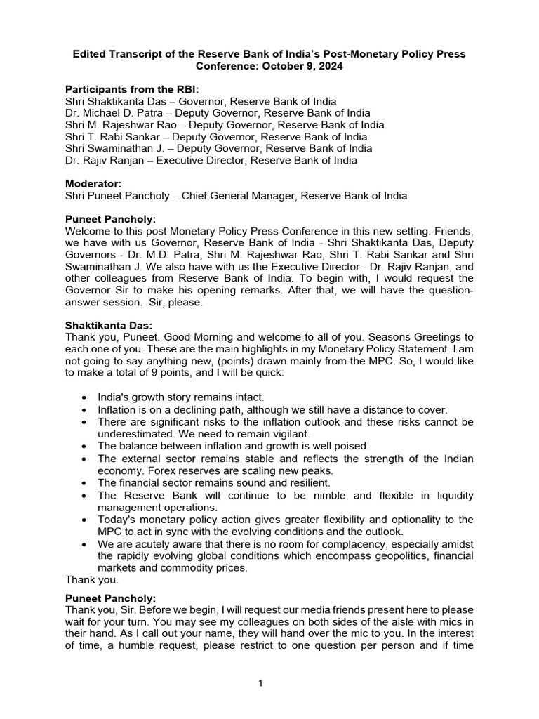 RBI Monetary Policy Press Conference Summary | PDF | Reserve Bank Of ...