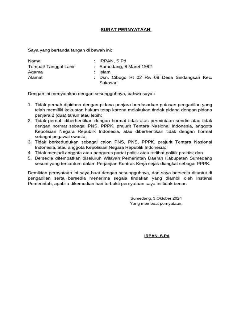 Contoh Surat Pernyataan Resmi | PDF