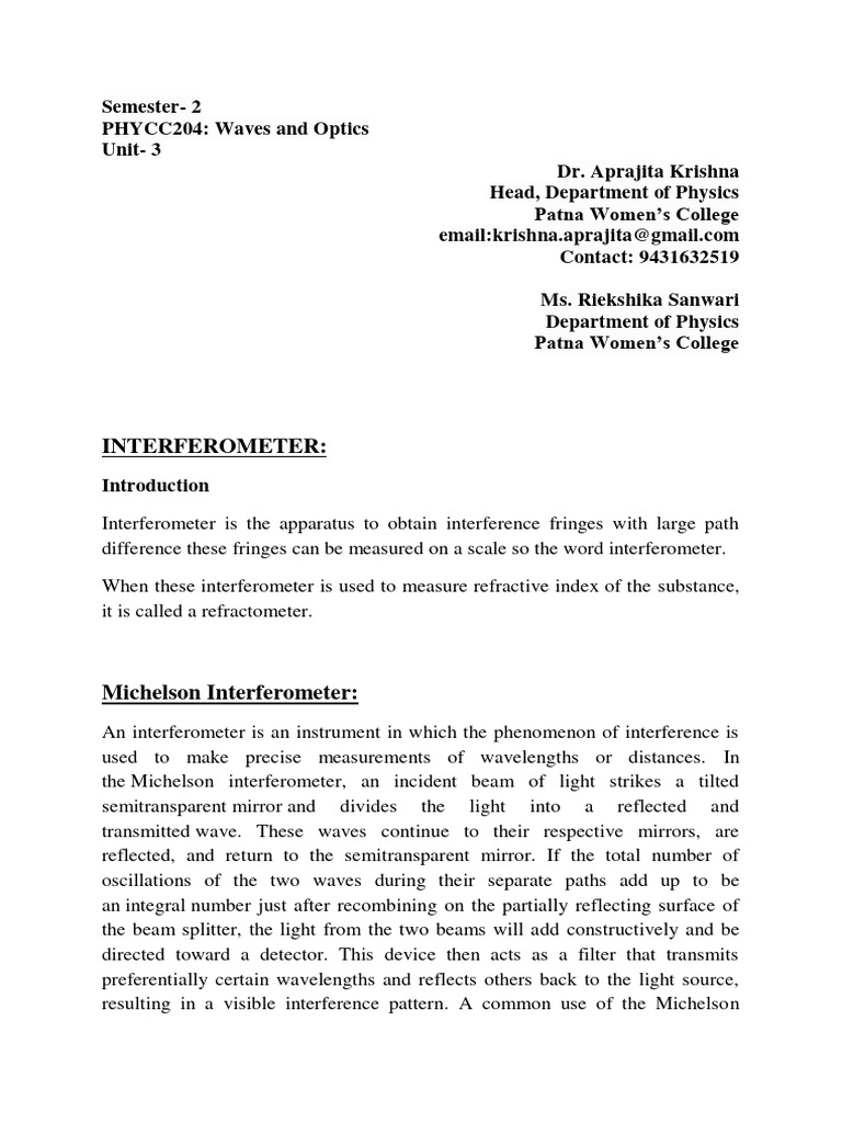 Michelson S Interferometer Pdf Interferometry Mirror