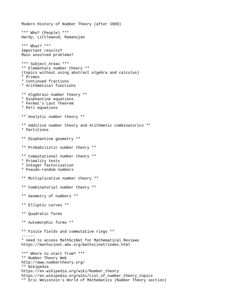 Number Theory Subject Areas | PDF | Number Theory | Field (Mathematics)