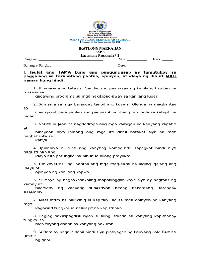 q3 - Summative Test #2 in Esp | PDF