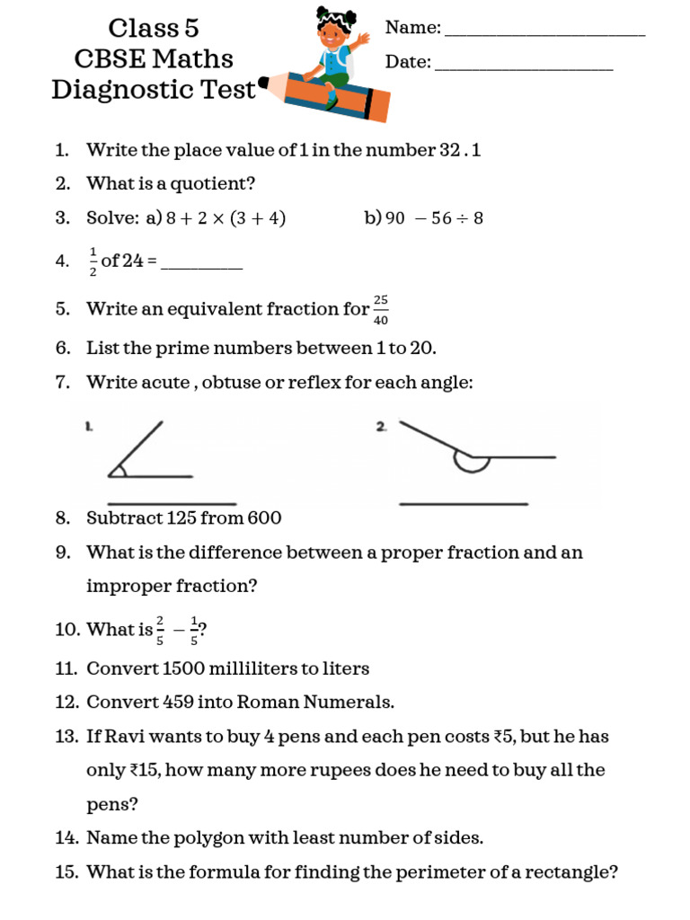Class 5 CBSE Maths Diagnostic Test | PDF