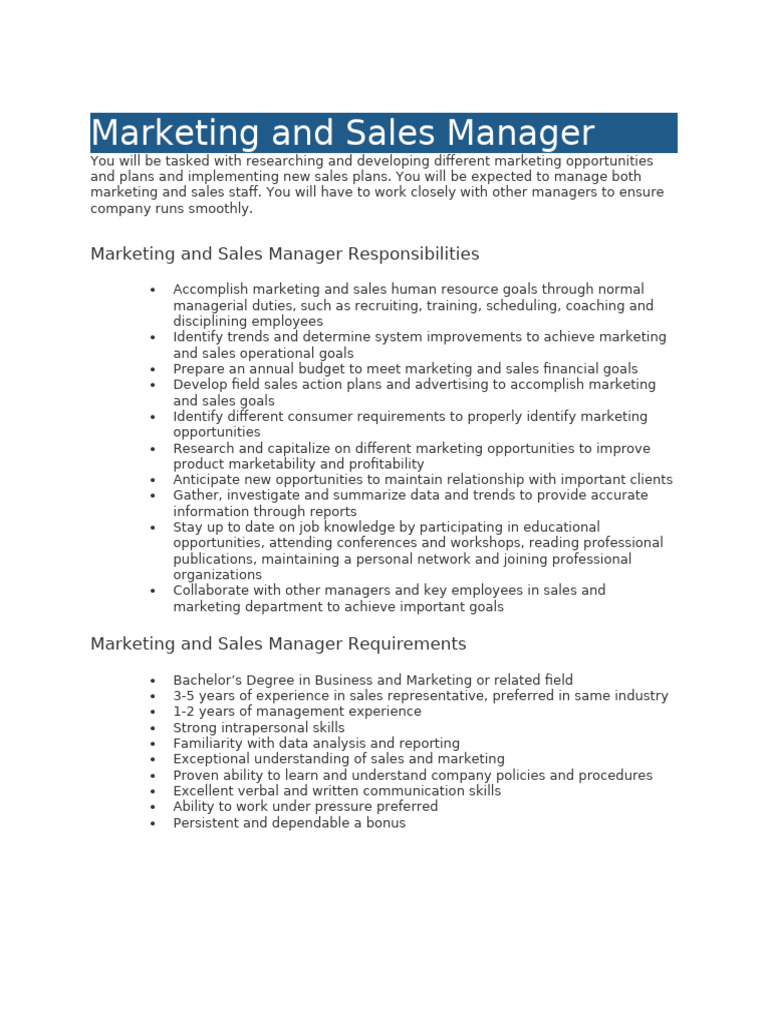 Marketing and Sales Manager Overview | PDF