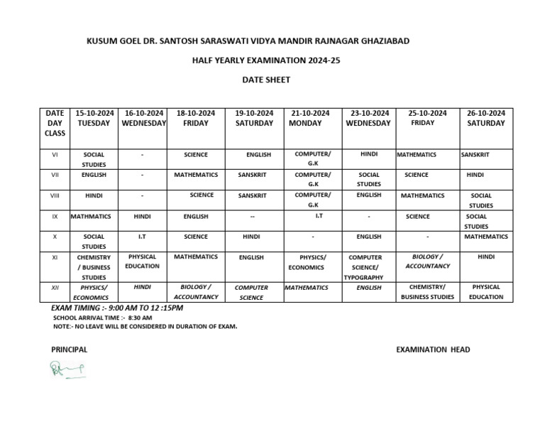 Date Sheet 2024-25 Half Yearly PDF | PDF