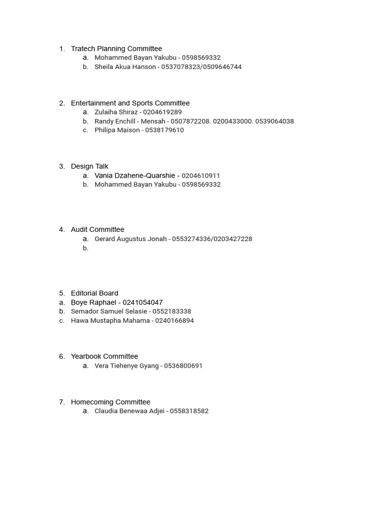 Committee Contact List and Roles | PDF | Travel