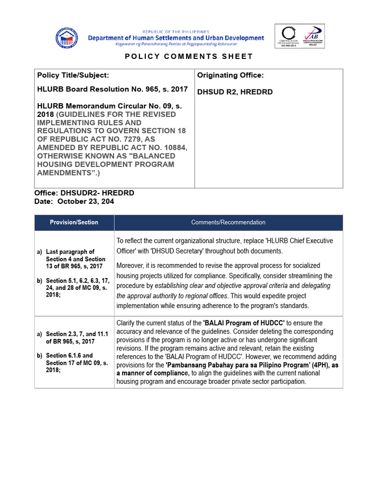 BR 965-17: MC 09-18 Policy Comments Sheet | PDF | Policy | Government