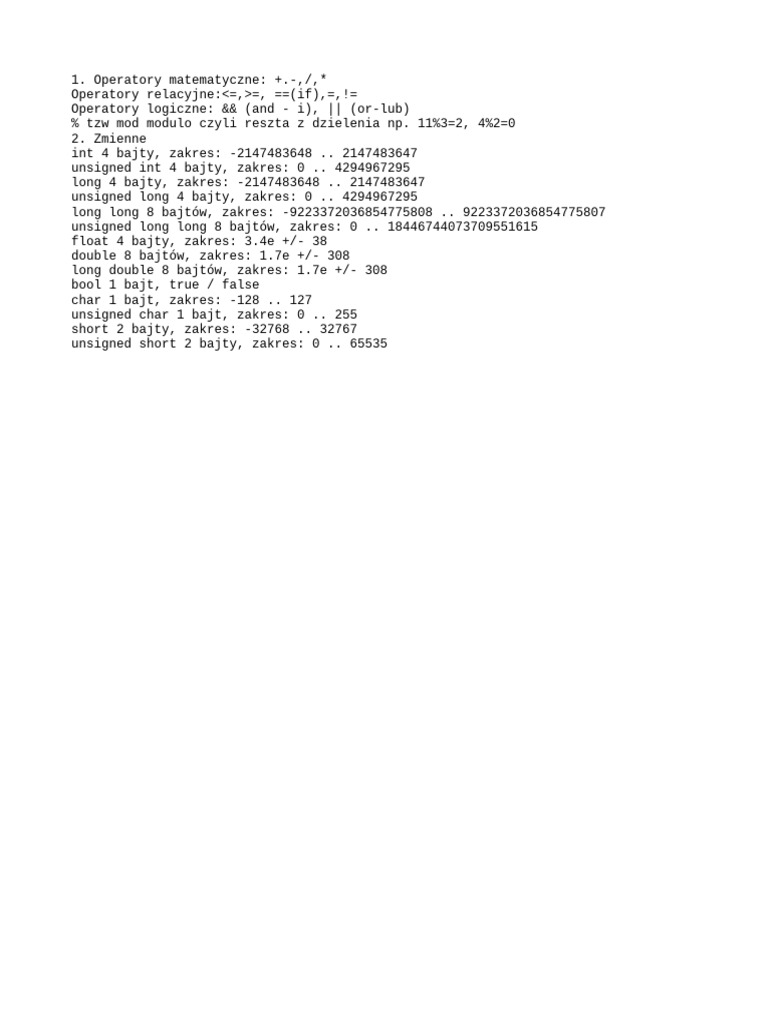Operatory I Zmienne W C++ 2 | PDF