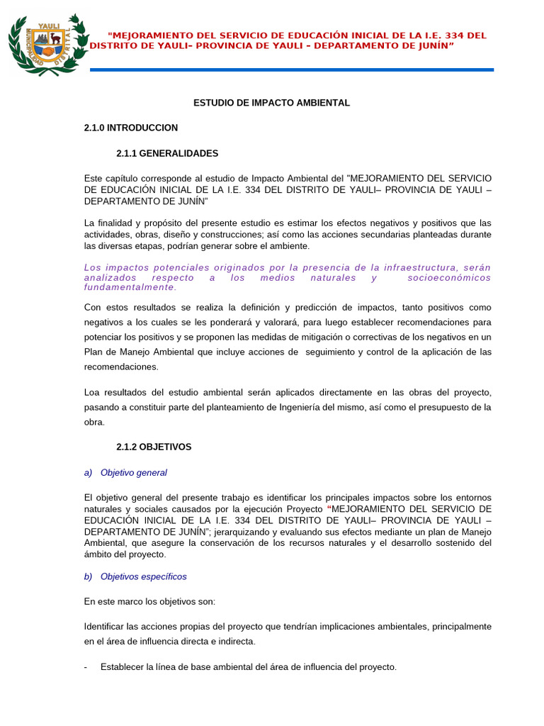 Estudio de Impacto Ambiental I.E. 334 Yauli | PDF | Evaluación de ...
