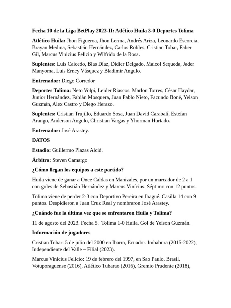 Huila 3-0 Tolima Datos para Narrar | PDF | Asociación de Futbol ...