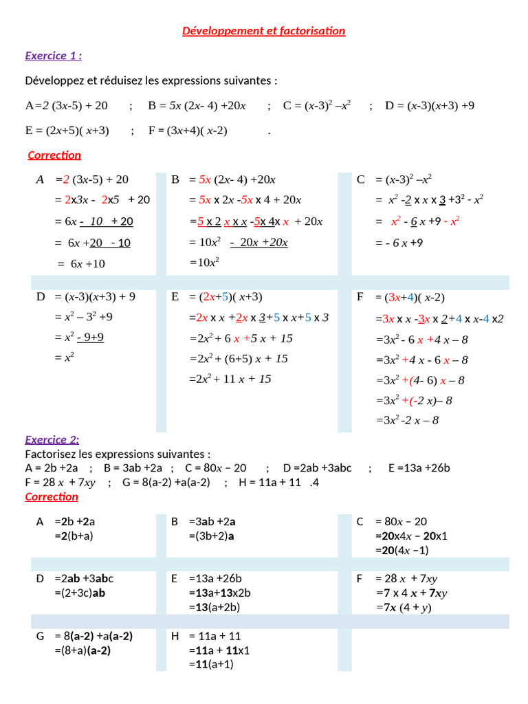 Exercices de Développement et Factorisation | PDF | Teaching Methods ...