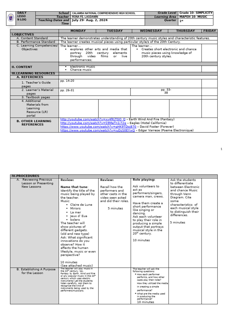 Q1 Grade 10 Music DLL Week 2 | PDF