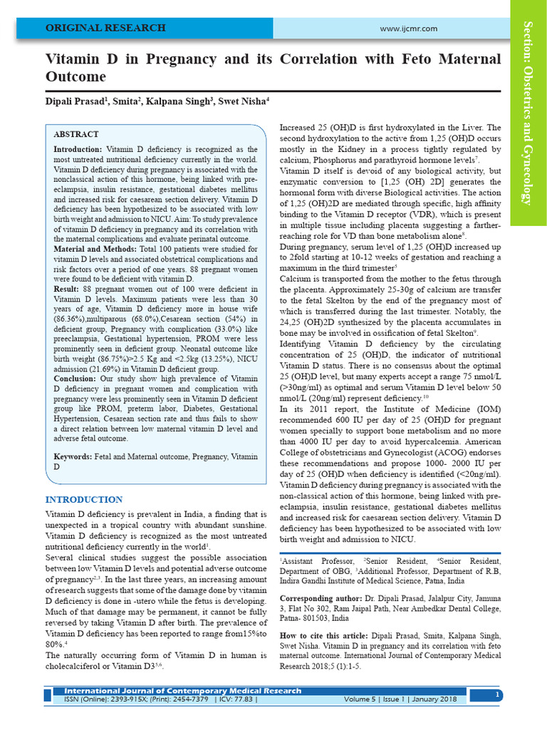 Vitamin D in Pregnancy and Its Correlation With Feto Maternal Outcome ...