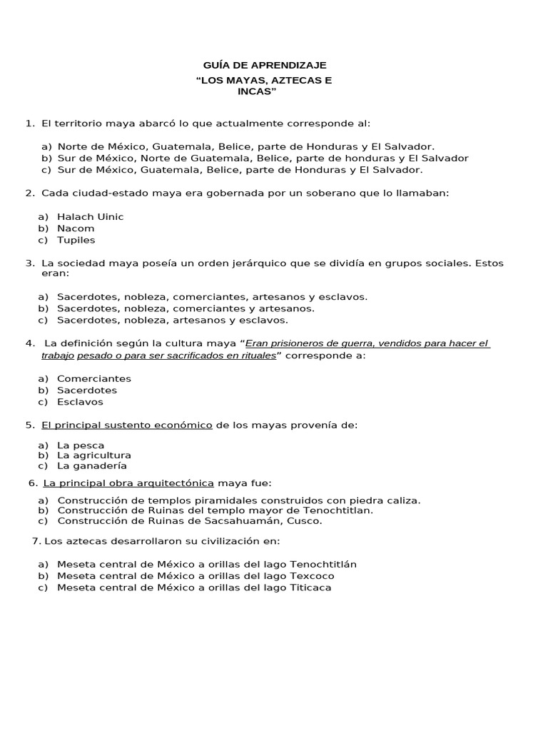Guía Historia Mayas Aztecas e Incas | PDF | Imperio Inca | Civilización ...
