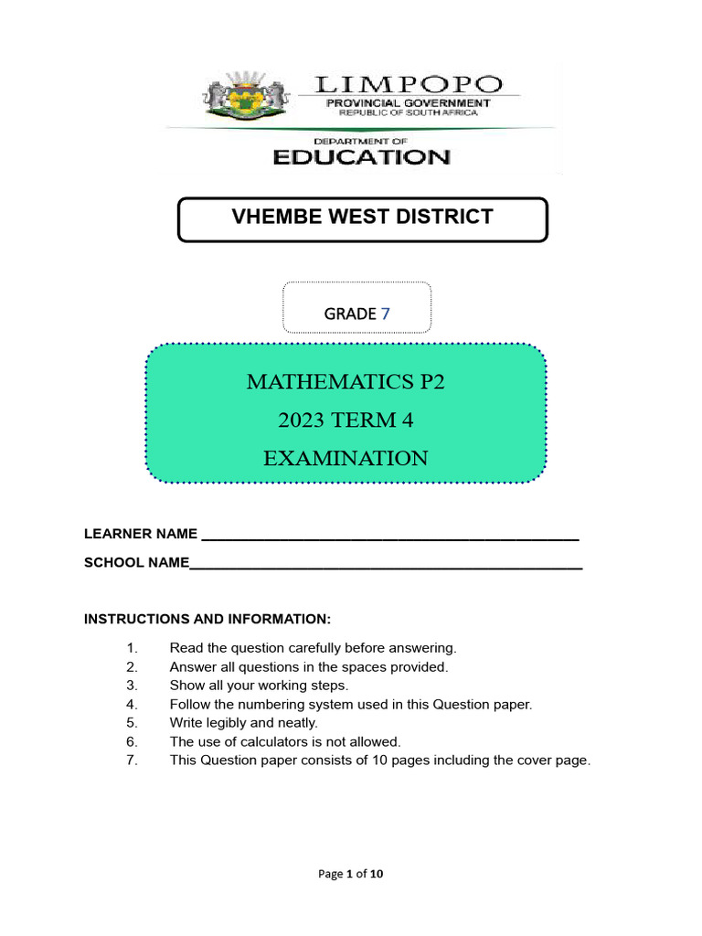 Grade 7 Term 4 Maths Exam Paper 2023 | PDF | Line (Geometry) | Triangle