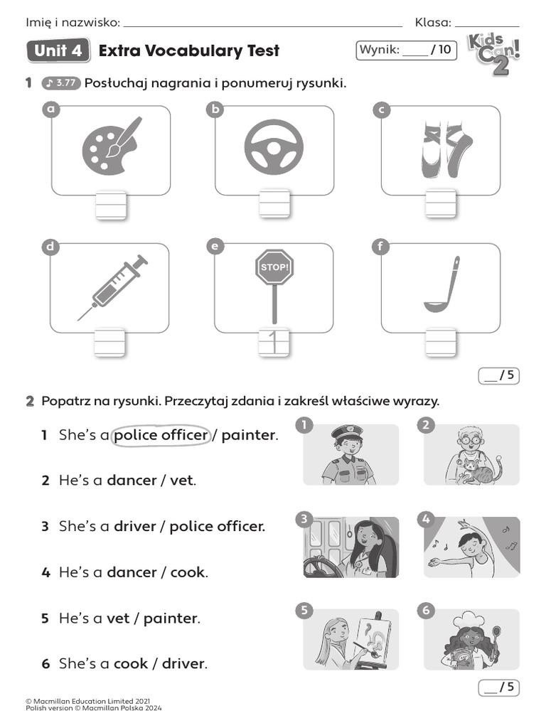 Kids Can 2 - Extra Vocabulary Test - Unit 4 | PDF