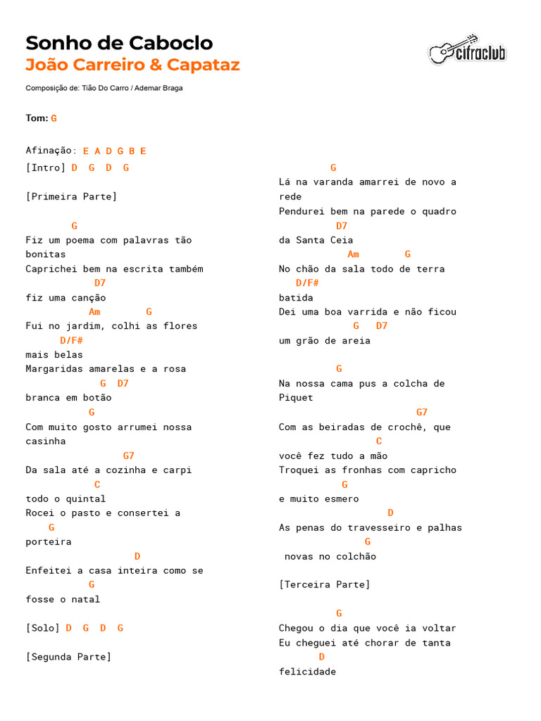 Sonho de Caboclo: Letra e Cifras | PDF