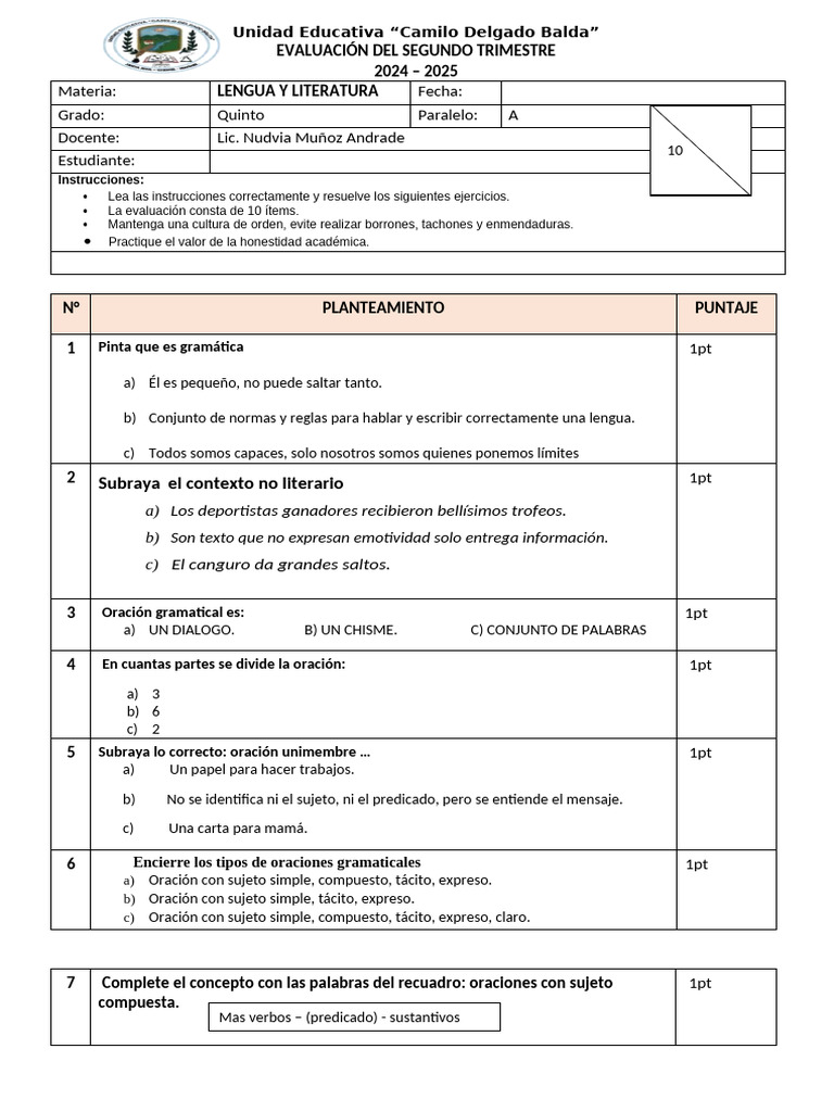 Evaluación Lengua y Literatura 5to A | PDF | Verbo | Predicado (Gramática)