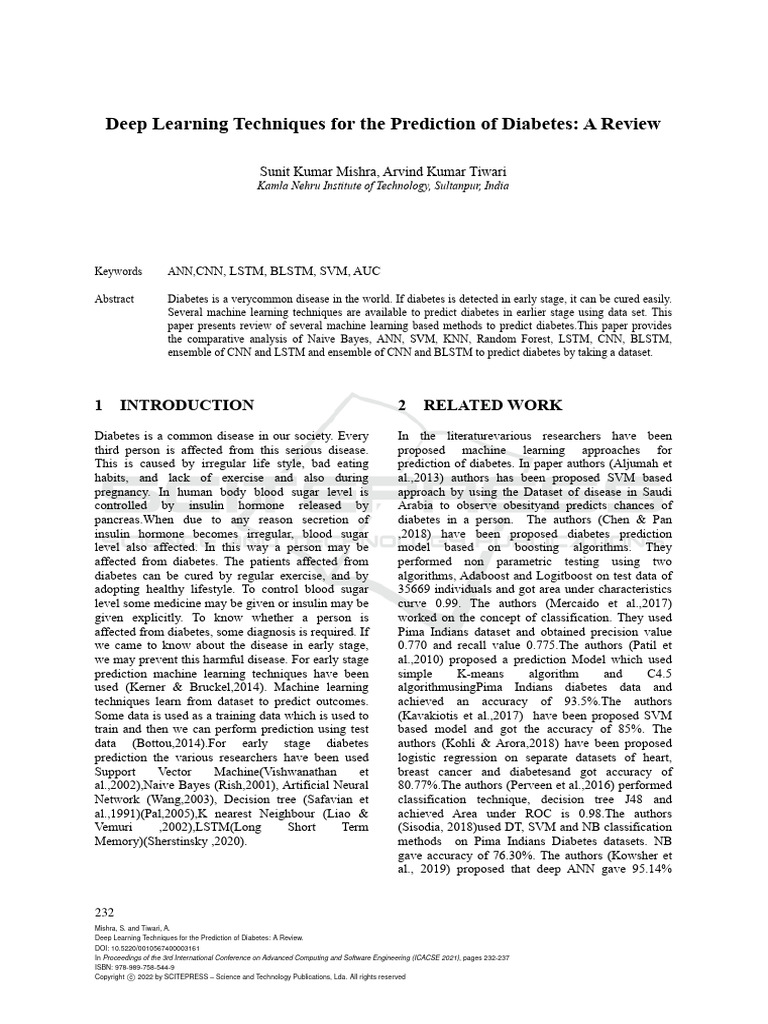 Deep Learning Techniques For The Prediction of Diabetes: A Review | PDF ...