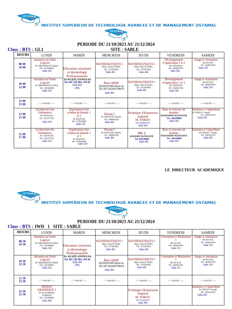 Emploi du temps BTS ISTAMA 2023-2024 | PDF | Informatique | Informatique