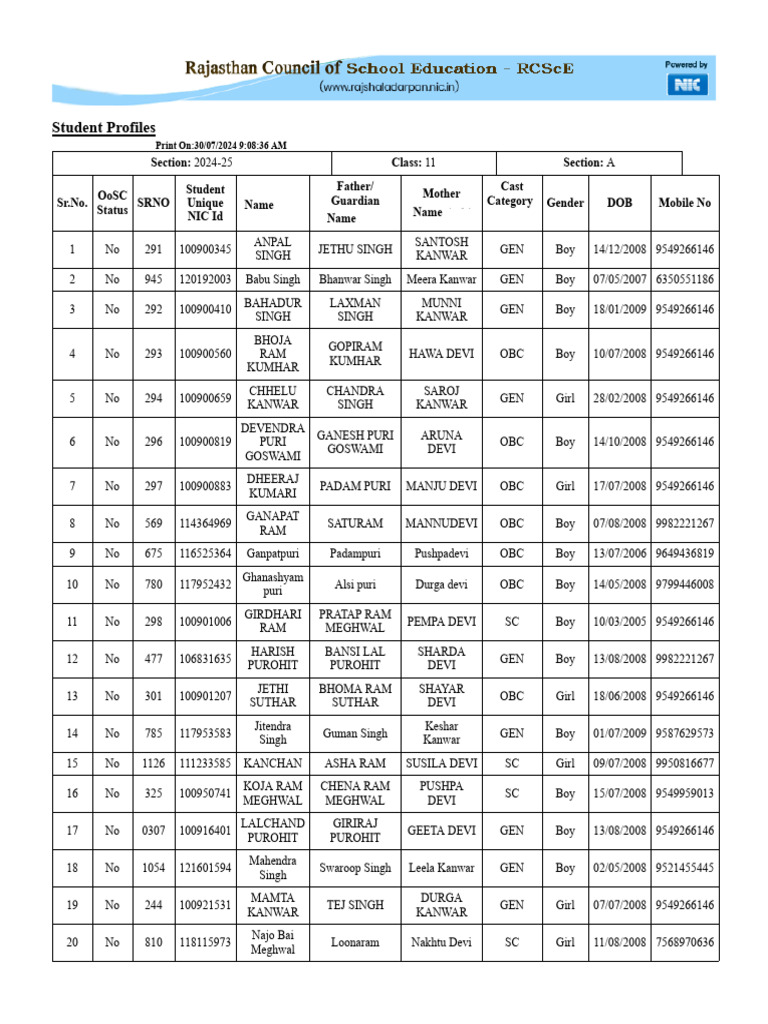 Student Profiles for Class 11, 2024-25 | PDF