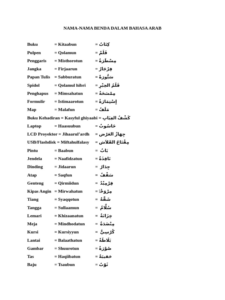 Nama-Nama Benda Bahasa Arab | PDF | Cooking, Food & Wine