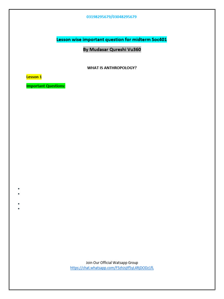 Lesson Wise Notes For Midterm Soc401 by Mudasar Qureshi Vu360 | PDF ...