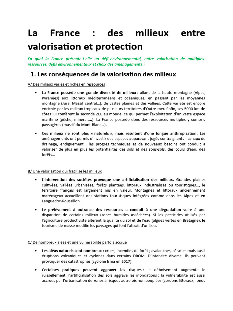 Valorisation et protection des milieux en France | PDF | Environnement ...