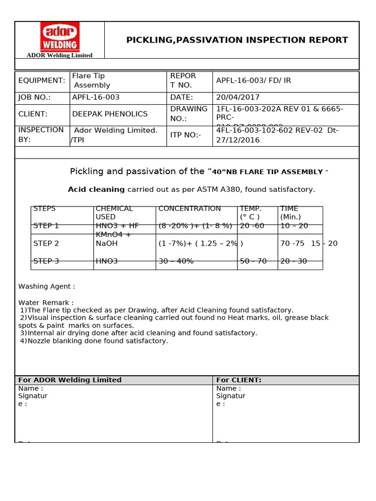 Pickling & Passivation Report for Flare Tip | PDF