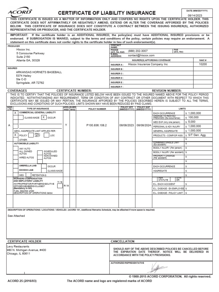 Certificate of Liability Insurance Details | PDF | Insurance | Legal ...