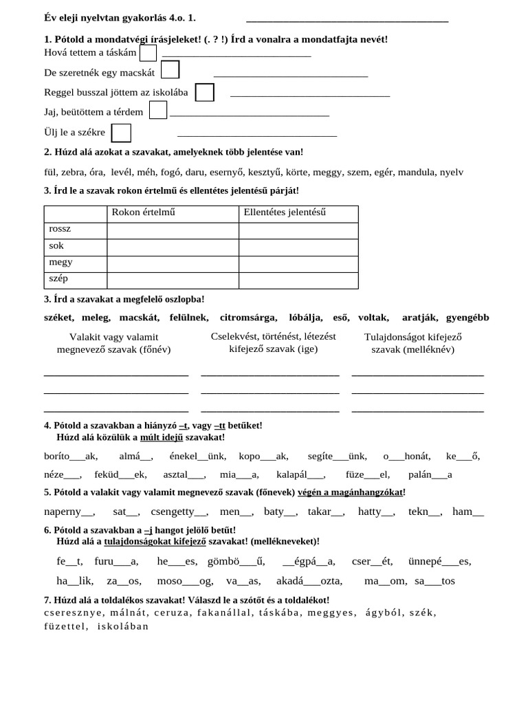 Év Eleji Nyelvtan Gyakorlás 4.o | PDF