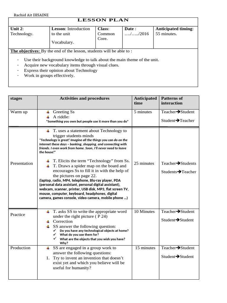 Technology Lesson Plan Overview | PDF | Personal Digital Assistant ...
