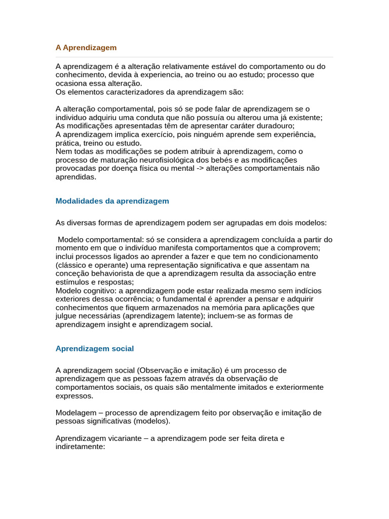 Modalidades e Processos de Aprendizagem | PDF | Aprendizado | Behaviorismo