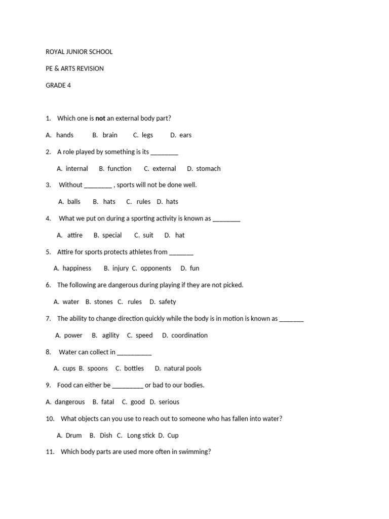 Grade 4 PE & Arts Revision Questions | PDF | Language Arts & Discipline