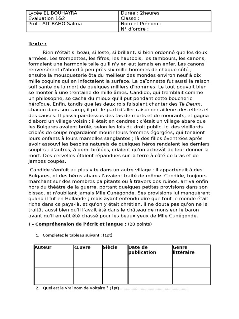 Examen Bac 2 | PDF | Candide