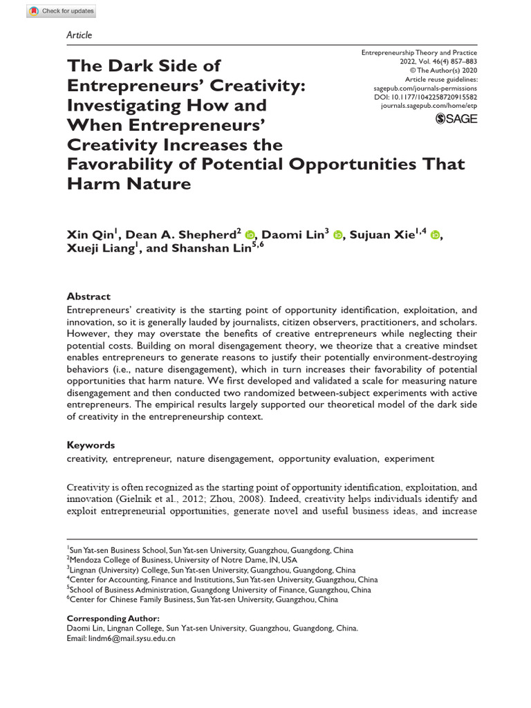 Qin Et Al 2020 The Dark Side of Entrepreneurs Creativity Investigating ...
