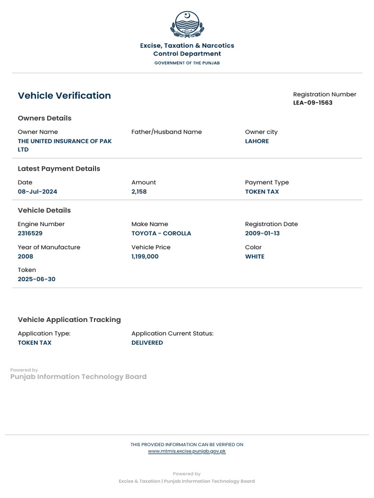 Punjab Vehicle Verification Details | PDF