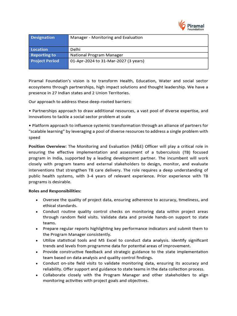 M&E Manager for TB Program in Delhi | PDF | Evaluation | Monitoring And ...